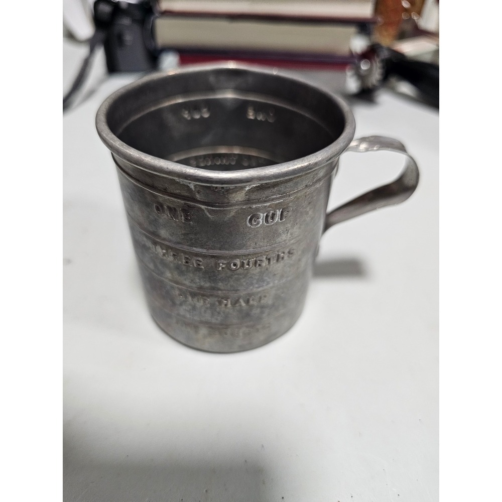 Vintage Aluminum 1 Cup Measuring Cup Embossed Markings Primitive Kitchenware